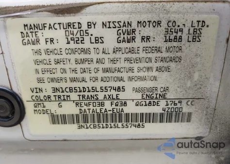 2005 Nissan Sentra 1.8S from USA, damaged, VIN 3N1CB51D15L557485